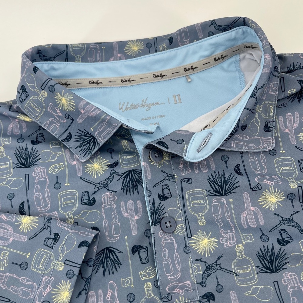 Walter Hagen Golf Polo Mens XXL Blue Tequila Cactus Roadrunner Novelty Print